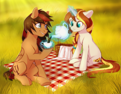 Size: 3000x2327 | Tagged: safe, artist:ls_skylight, oc, oc only, pegasus, pony, unicorn, basket, chromatic aberration, cup, duo, female, food, grass, high res, male, mare, picnic, picnic basket, picnic blanket, shipping fuel, stallion, tea, teacup, teapot