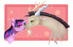 Size: 900x587 | Tagged: safe, artist:jinx-wolf-47, discord, twilight sparkle, g4, female, male, ship:discolight, shipping, straight