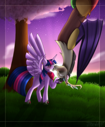 Size: 1000x1200 | Tagged: safe, artist:jinx-wolf-47, discord, twilight sparkle, alicorn, pony, g4, cherry blossoms, cherry tree, female, flower, flower blossom, kissing, male, ship:discolight, shipping, straight, sunset, tree, twilight sparkle (alicorn), upside down