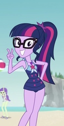 Size: 553x1079 | Tagged: safe, screencap, sci-twi, starlight, twilight sparkle, equestria girls, equestria girls specials, g4, my little pony equestria girls: better together, my little pony equestria girls: forgotten friendship, adorasexy, adorkable, beach, clothes, cropped, cute, dork, glasses, looking at you, peace sign, ponytail, rock horse, sci-twi swimsuit, sexy, smiling, swimsuit, twiabetes