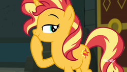 Size: 1920x1080 | Tagged: safe, sunset shimmer, pony, unicorn, equestria girls, equestria girls series, forgotten friendship, g4, cheeky, discovery family logo, female, smiling, smirk, smug, smugset shimmer, solo