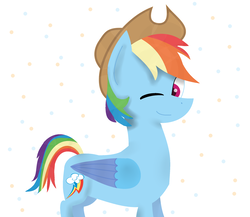 Size: 2321x2015 | Tagged: safe, artist:moonlightnote, rainbow dash, pony, g4, accessory swap, applejack's hat, cowboy hat, female, hat, high res, one eye closed, solo