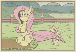Size: 1883x1282 | Tagged: safe, artist:regularmouseboy, angel bunny, fluttershy, g4, fence, pulling, sit, tail, tail pull, vintage