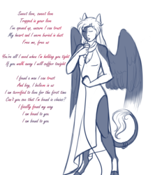 Size: 1691x1908 | Tagged: safe, artist:blackblood-queen, oc, oc only, oc:daniel dasher, dracony, hybrid, pegasus, anthro, unguligrade anthro, anthro oc, clothes, cloven hooves, crossdressing, crossover, crossover shipping, dress, eyes closed, leonine tail, male, monochrome, shipping, simple background, sketch, solo, stallion, white background