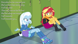 Size: 1280x720 | Tagged: safe, edit, edited screencap, screencap, sunset shimmer, trixie, equestria girls, equestria girls specials, g4, my little pony equestria girls: better together, my little pony equestria girls: forgotten friendship, boots, clothes, duo, high heel boots, high heels, hoodie, i will remember, image macro, jacket, leather jacket, lyrics, meme, shoes, skirt, socks, song reference, text, toto (band)