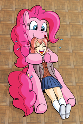 Size: 1200x1800 | Tagged: safe, artist:regularmouseboy, pinkie pie, earth pony, human, pony, g4, clothes, cute, cutie mark, doki doki literature club!, duo, duo female, female, laughing, nibbling, nom, open mouth, ponk, sayori, school uniform, silly, silly pony, spoilers in description