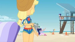 Size: 1365x767 | Tagged: safe, screencap, applejack, baewatch, micro chips, paisley, sandalwood, sci-twi, starlight, twilight sparkle, valhallen, equestria girls, equestria girls specials, g4, my little pony equestria girls: better together, my little pony equestria girls: forgotten friendship, applejack's beach shorts swimsuit, background human, beach, clothes, feet, geode of super strength, hips, magical geodes, midriff, rock horse, sandals, swimsuit