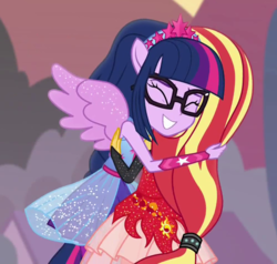 Size: 1000x950 | Tagged: safe, screencap, sci-twi, sunset shimmer, twilight sparkle, equestria girls, equestria girls specials, g4, my little pony equestria girls: better together, my little pony equestria girls: forgotten friendship, cropped, hug, ponied up, pony ears, sci-twilicorn, wings