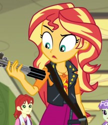 Size: 860x1000 | Tagged: safe, edit, edited screencap, screencap, nolan north, starlight, sunset shimmer, equestria girls, equestria girls series, forgotten friendship, g4, background human, cropped, discovery family logo, lightsaber, meme, star wars, sunset holding things, weapon