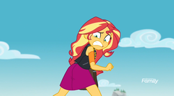 Size: 761x424 | Tagged: safe, screencap, sunset shimmer, equestria girls, equestria girls specials, g4, my little pony equestria girls: better together, my little pony equestria girls: forgotten friendship, bag, clothes, cloud, discovery family, discovery family logo, female, looking down, running, scared, skirt, sky, vest, watermark