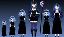 Size: 1243x724 | Tagged: safe, artist:roseprincessmitia, nightmare moon, princess luna, human, g4, age progression, boots, bracelet, clothes, dress, female, filly, fingerless gloves, gloves, gradient background, high heels, humanized, jewelry, kisekae, necklace, shoes, staff, woona, younger