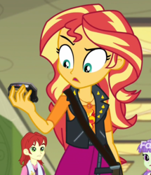 Size: 860x1000 | Tagged: safe, edit, edited screencap, screencap, nolan north, starlight, sunset shimmer, equestria girls, equestria girls specials, g4, my little pony equestria girls: better together, my little pony equestria girls: forgotten friendship, background human, cropped, discovery family logo, hasbro, mighty morphin power rangers, morpher, power morpher, power rangers, sunset holding things, sunset morphs
