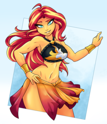 Size: 2111x2445 | Tagged: safe, artist:ambris, sunset shimmer, equestria girls, equestria girls series, forgotten friendship, g4, abs, armpits, beautiful, belly button, bracelet, breasts, busty sunset shimmer, clothes, commando, female, hand on hip, high res, hips, jewelry, long hair, looking at you, midriff, moe, muscles, praise the sunset, sarong, sexy, side slit, skirt, smiling, solo, summer sunset, swimsuit