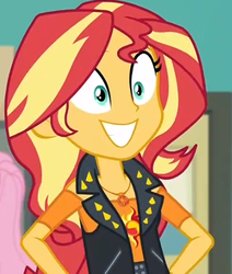 Size: 368x433 | Tagged: safe, screencap, fluttershy, sunset shimmer, equestria girls, equestria girls specials, g4, my little pony equestria girls: better together, my little pony equestria girls: forgotten friendship, canterlot high, clothes, cutie mark, cutie mark on clothes, female, geode of empathy, grin, hand on hip, jewelry, magical geodes, necklace, pendant, smiling, sun, vest