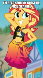 Size: 600x1069 | Tagged: safe, edit, edited screencap, screencap, sunset shimmer, equestria girls, equestria girls specials, g4, my little pony equestria girls: better together, my little pony equestria girls: forgotten friendship, belly button, clothes, cute, geode of empathy, image macro, magical geodes, meme, sarong, skirt, sunset boulevard, sunset selfie, swimsuit