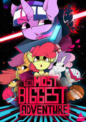 Size: 2893x4092 | Tagged: safe, artist:ahekao, apple bloom, scootaloo, sweetie belle, twilight sparkle, earth pony, pegasus, pony, unicorn, comic:the most powerful adventure, g4, comic, comic cover, cutie mark crusaders, female, filly, grin, mare, smiling