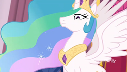 Size: 744x426 | Tagged: safe, screencap, princess celestia, alicorn, pony, equestria girls, equestria girls series, forgotten friendship, g4, canterlot castle, castle, celestia is not amused, chestplate, crown, discovery family, discovery family logo, ethereal mane, ethereal tail, female, flowing hair, flowing mane, frown, glare, horn, jewelry, looking at someone, looking down, majestic, multicolored mane, narrowed eyes, peytral, regalia, serious, solo, sparkles, spread wings, stars, stern, throne room, unamused, watermark