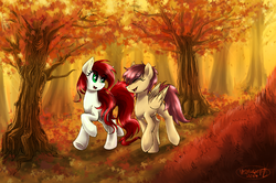 Size: 3743x2492 | Tagged: safe, artist:moonlightfl, oc, oc only, pegasus, pony, autumn, duo, high res, leaves, tree, walking