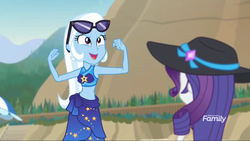 Size: 1366x768 | Tagged: safe, screencap, rarity, trixie, equestria girls, equestria girls specials, g4, my little pony equestria girls: better together, my little pony equestria girls: forgotten friendship, beach, belly button, bikini, bikini top, clothes, cropped, flexing, geode of empathy, geode of fauna, geode of shielding, geode of sugar bombs, geode of super speed, geode of super strength, geode of telekinesis, hat, magical geodes, midriff, sarong, sun hat, sunglasses, swimsuit