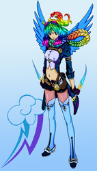 Size: 1735x3044 | Tagged: safe, artist:erim-kawamori, rainbow dash, human, g4, boots, clothes, coat, cutie mark background, dagger, female, humanized, shoes, solo, thigh boots, weapon