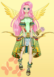 Size: 1592x2269 | Tagged: safe, artist:erim-kawamori, fluttershy, human, g4, bow (weapon), clothes, cutie mark background, dress, female, humanized, solo, winged humanization, wings