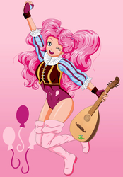 Size: 2032x2916 | Tagged: safe, artist:erim-kawamori, pinkie pie, human, g4, bard pie, boots, cute, cutie mark background, diapinkes, female, gradient background, high res, humanized, lute, musical instrument, one eye closed, open mouth, shoes, solo, thigh boots, wink