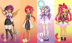 Size: 1280x758 | Tagged: safe, artist:erim-kawamori, apple bloom, babs seed, scootaloo, sweetie belle, human, g4, boots, clothes, cutie mark background, cutie mark crusaders, dress, halberd, humanized, potion, shoes, weapon, winged humanization, wings