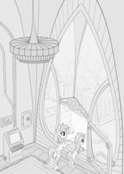 Size: 2142x3000 | Tagged: safe, artist:atlas-66, oc, oc only, pony, unicorn, fallout equestria, duo, female, filly, high res, mare, monochrome