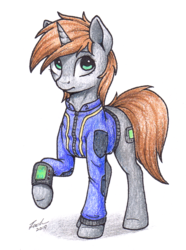 Size: 885x1191 | Tagged: safe, artist:deltauraart, oc, oc only, oc:littlepip, pony, unicorn, fallout equestria, clothes, female, jumpsuit, mare, pipbuck, raised hoof, shirt, simple background, solo, traditional art, vault suit, white background