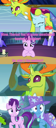 Size: 1280x2874 | Tagged: safe, edit, edited screencap, screencap, ocellus, starlight glimmer, thorax, trixie, changedling, changeling, g4, school daze, to change a changeling, ..., female, implied father and daughter, implied male pregnancy, king thorax, male, screencap comic