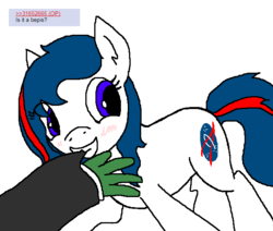Size: 652x553 | Tagged: safe, artist:hadley, oc, oc:anon, oc:nasapone, earth pony, pony, 4chan, 4chan screencap, bepis, biting, blushing, cute, dragging, eyes closed, female, grin, hand, looking back, mare, mouth hold, offscreen character, pulling, raised hoof, simple background, smiling, solo focus, squee, white background