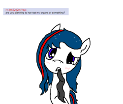 Size: 652x553 | Tagged: safe, artist:hadley, oc, oc only, oc:nasapone, earth pony, pony, 4chan, 4chan screencap, blindfold, blushing, confused, cute, earth pony oc, head tilt, implied anon, implied oc, looking at you, mouth hold, simple background, solo, white background