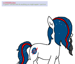 Size: 652x553 | Tagged: safe, artist:hadley, oc, oc only, oc:nasapone, earth pony, pony, 4chan, 4chan screencap, blindfold, earth pony oc, implied anon, implied oc, mouth hold, simple background, smiling, solo, white background