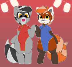 Size: 6160x5753 | Tagged: safe, artist:pabbley, oc, oc only, oc:bandy cyoot, oc:pandy cyoot, pony, red panda pony, absurd resolution, bipedal, cheongsam, chinese new year, clothes, cute, female, looking at you, mare, ocbetes, smiling