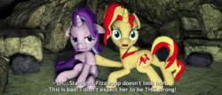 Size: 3840x1646 | Tagged: safe, artist:tehwatever, starlight glimmer, sunset shimmer, pony, unicorn, g4, 3d, duo, female, fight, gmod, implied tempest shadow, injured, mare, open mouth, scratches, sweat