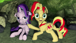 Size: 3840x2160 | Tagged: safe, alternate version, artist:tehwatever, starlight glimmer, sunset shimmer, pony, unicorn, g4, 3d, duo, female, fight, gmod, high res, injured, mare, open mouth, scratches, sweat