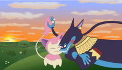 Size: 1336x768 | Tagged: safe, artist:paintdrinkingpete, ahuizotl, skitty, g4, blushing, crossover, crossover shipping, duo, holding hands, pokémon, shipping, sunset