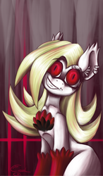 Size: 1340x2292 | Tagged: safe, artist:imthecasual, oc, oc only, oc:ponder, earth pony, pony, creepy, female, grin, mare, slit pupils, smiling, solo