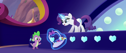 Size: 1920x804 | Tagged: safe, screencap, rarity, spike, dragon, pony, unicorn, g4, my little pony: the movie, basket, bow, gem, glowing horn, happy, horn, magic, magic aura, telekinesis, we got this together