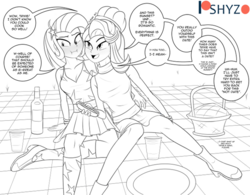 Size: 620x483 | Tagged: safe, artist:pshyzomancer, starlight glimmer, trixie, equestria girls, g4, basket, blatant lies, boots, clothes, commission, cup, cute, diatrixes, female, food, hot dog, hover hand, lesbian, lineart, meat, patreon, patreon logo, picnic, picnic basket, picnic blanket, plate, sausage, ship:startrix, shipping, shoes, skirt, wine bottle