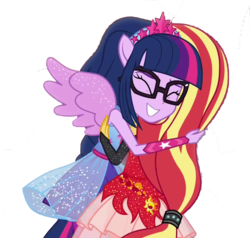 Size: 1000x950 | Tagged: dead source, safe, artist:php77, editor:php77, sci-twi, sunset shimmer, twilight sparkle, equestria girls, equestria girls series, forgotten friendship, g4, alternate universe, eyes closed, female, happy, lesbian, ponied up, ship:sci-twishimmer, ship:sunsetsparkle, shipping, simple background, smiling, transparent background