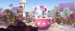 Size: 1920x804 | Tagged: safe, screencap, pinkie pie, earth pony, pony, g4, my little pony: the movie, armband, bag, batter, bowl, box, boxes, crate, egg, egg beater, exercise, female, flour, food, headband, heart, leg warmers, mare, milk, milk bottle, mixer, mixercycle, pedal, pedaling, solo, sweatband, unicycle, we got this together, whisk, workout, workout outfit