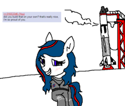 Size: 652x553 | Tagged: safe, artist:hadley, oc, oc only, oc:nasapone, earth pony, pony, 4chan, 4chan screencap, bashful, blushing, earth pony oc, implied anon, implied oc, looking at you, raised hoof, rocket, simple background, smiling, solo, spacesuit, white background
