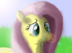 Size: 231x172 | Tagged: safe, artist:dragonicbladex, fluttershy, pegasus, pony, g4, female, field, grass, grass field, ledge, lens flare, mare, outdoors, shading, shading practice, shiny, sky, smiling, solo, standing, sun, yellow