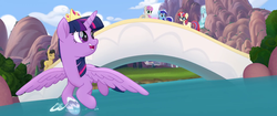 Size: 1920x804 | Tagged: safe, screencap, golden delicious, minuette, moondancer, twilight sparkle, twinkleshine, alicorn, earth pony, pony, unicorn, g4, my little pony: the movie, apple family member, background pony, bridge, crown, discovery family logo, female, flying, jewelry, male, mare, regalia, river, splash, stallion, twilight sparkle (alicorn), water, waterfall, we got this together