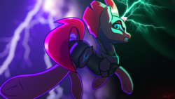 Size: 5760x3240 | Tagged: safe, artist:cherry pop, tempest shadow, pony, unicorn, g4, my little pony: the movie, angry, armor, blurry, blurry background, broken horn, female, horn, lightning, looking at you, looking back, magic, mare, solo, underhoof