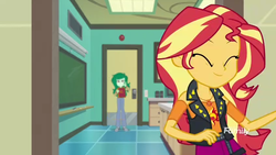 Size: 1280x720 | Tagged: safe, screencap, sunset shimmer, wallflower blush, equestria girls, equestria girls series, forgotten friendship, g4, ^^, cute, discovery family logo, eyes closed, geode of empathy, shimmerbetes, smiling