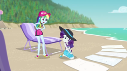 Size: 1280x720 | Tagged: safe, screencap, rainbow dash, rarity, equestria girls, equestria girls specials, g4, my little pony equestria girls: better together, my little pony equestria girls: forgotten friendship, beach, beach chair, chair, clothes, feet, female, geode of super speed, hat, magical geodes, sandals, shorts, towel