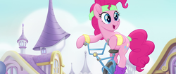 Size: 1920x804 | Tagged: safe, screencap, pinkie pie, earth pony, pony, g4, my little pony: the movie, armband, female, headband, mare, solo, we got this together, workout, workout outfit