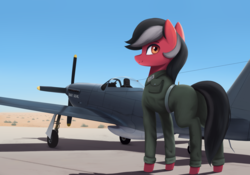 Size: 4294x3004 | Tagged: safe, artist:mrscroup, oc, oc only, oc:dustbowl dune, pony, clothes, commission, flight suit, flightline, high res, p-51 mustang, plane, solo